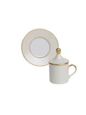 Cylindrical ivory coffee cup with saucer and lid