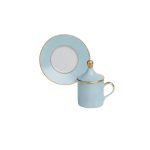Light blue cylindrical coffee cup with saucer and lid