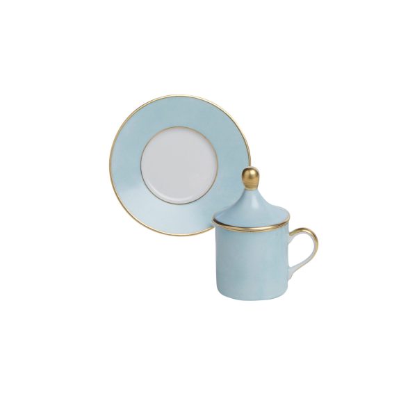Light blue cylindrical coffee cup with saucer and lid