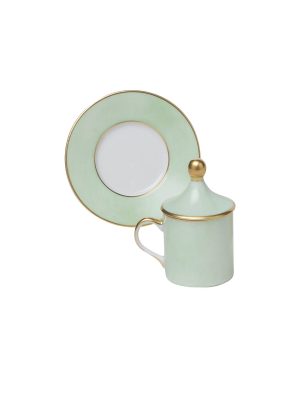 Cylindrical green coffee cup with saucer and lid
