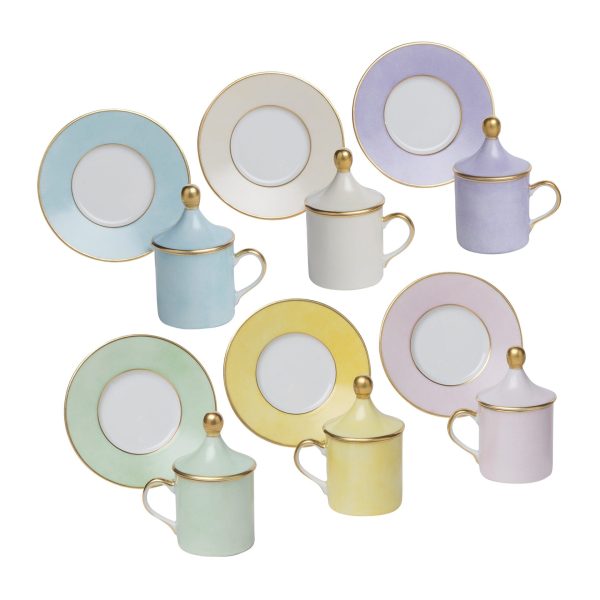 Light blue cylindrical coffee cup with saucer and lid