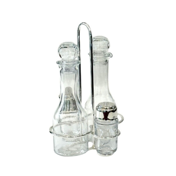 Oliera 4 pezzi in silver plated con bottiglie in cristallo